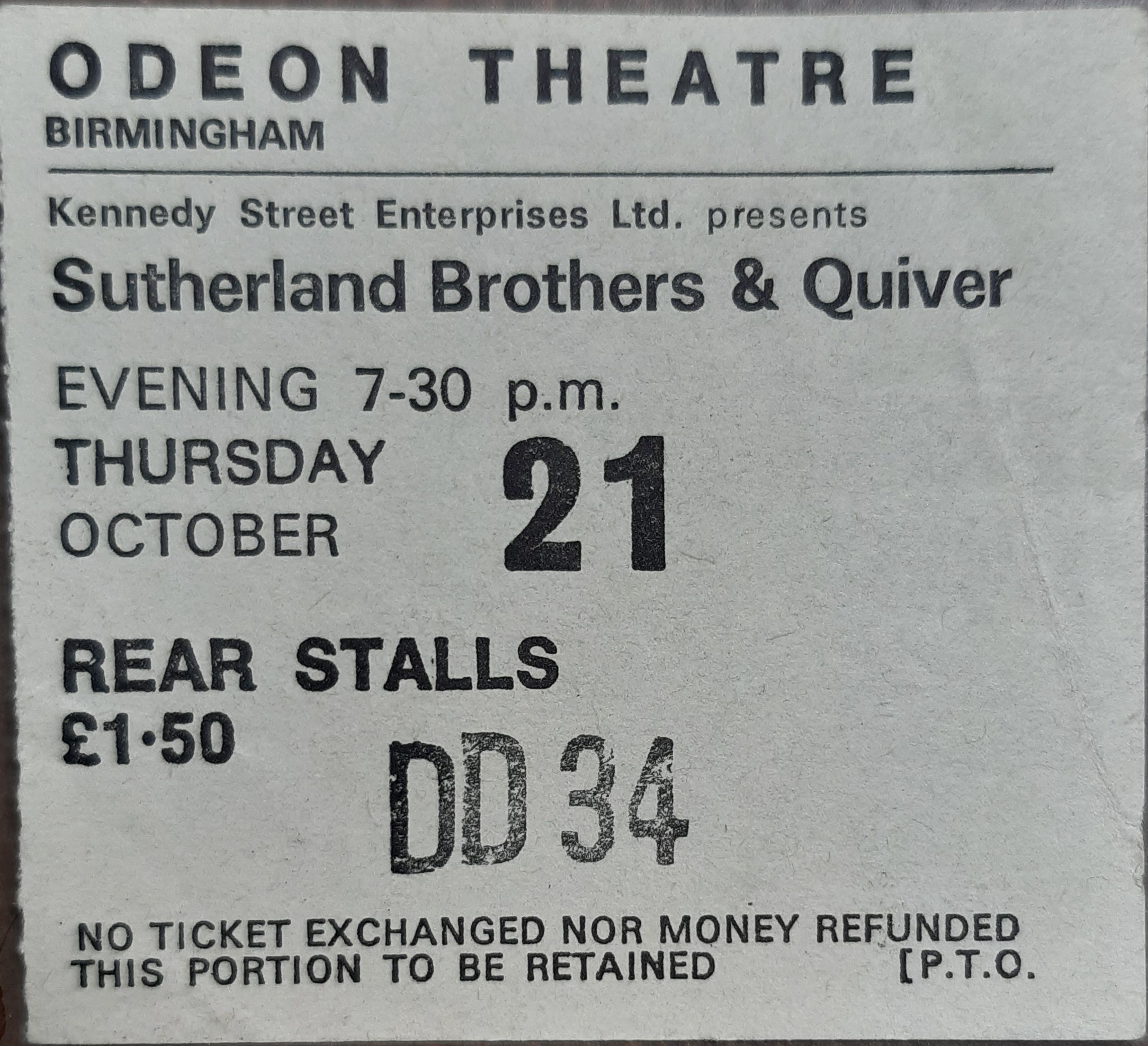 Concert ticket Birmingham 21/10/75