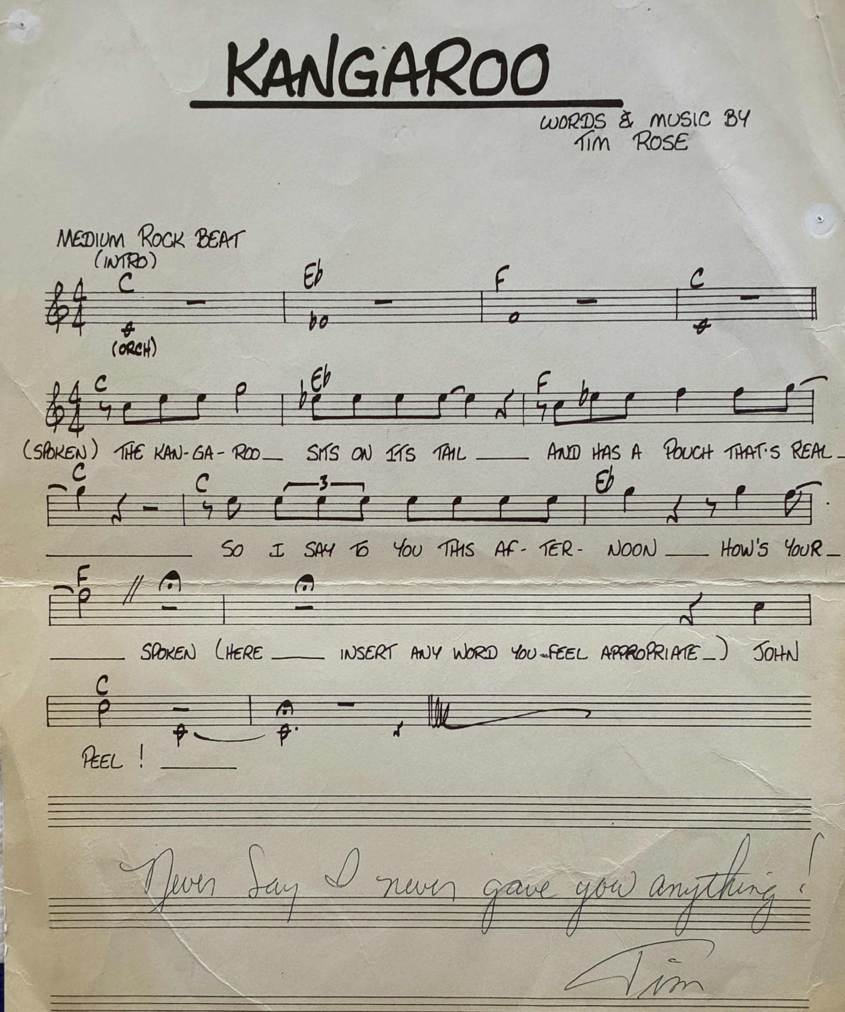 Sheet music given to John Peel